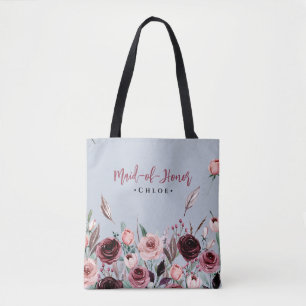 Bolsa Tote Madrinha de casamento   Flores de Azul e Borgonha