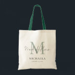 Bolsa Tote Madrinha de casamento Monograma Nome Inicial Sage<br><div class="desc">Sage do Script do Nome Inicial do Monograma da madrinha de casamento. Moderna tipografia de escrita para Madrinhas de casamento e você pode facilmente personalizar sua inicial,  nome e data de casamento para torná-la mais especial.</div>