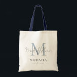 Bolsa Tote Madrinha de casamento Monograma Nome Inicial Scrip<br><div class="desc">Nome inicial do Monograma de madrinha de casamento Script Dusty Blue. Moderna tipografia de escrita para Madrinhas de casamento e você pode facilmente personalizar sua inicial,  nome e data de casamento para torná-la mais especial.</div>