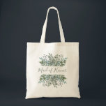 Bolsa Tote Madrinha de casamento Rústica de Moldura<br><div class="desc">Esta bolsa rustica de tote verde apresenta as palavras "Madrinha de casamento" na caligrafia verde moderna,  enquadrada acima e abaixo pela folhagem de aquarela e bagas em tons sutis de verde,  cinza e azul.</div>