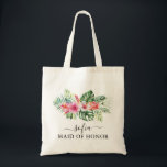 Bolsa Tote Madrinha de casamento tropical<br><div class="desc">Consiga os sacos de tote para a festa de casamento. Todos vão adorar. Esse saco de tote fofo tem flores tropicais e pode ser personalizado com o nome e o trabalho da pessoa.</div>
