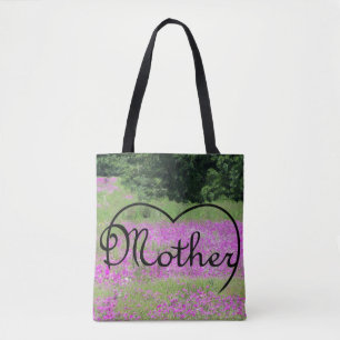 Bolsa Tote Mãe coração em flores silvestres cor-de-rosa, s