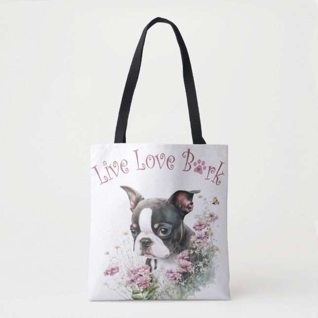 Bolsa Tote Mãe de Cachorro Boston Terrier Floral (Frente)