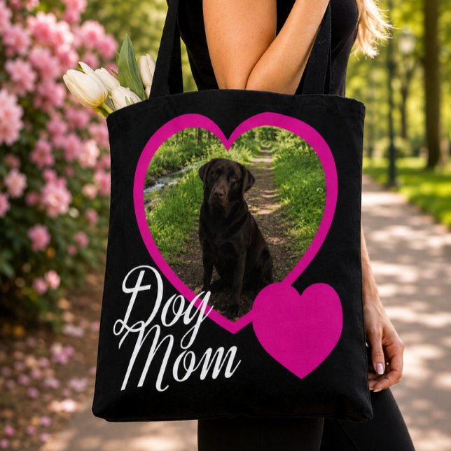 Bolsa Tote Mãe de Cachorro Foto Preto Coração Rosa Script (Criador carregado)