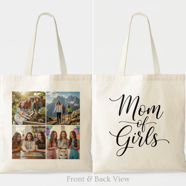 Bolsa Tote Mãe de Meninas Moderno Script Elegante Quatro Foto (Criador carregado)