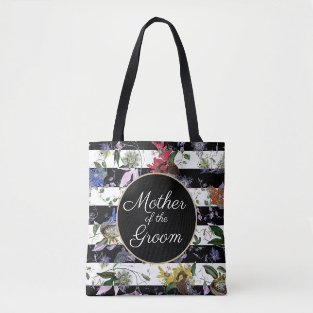 Bolsa Tote Mãe do Groom Black White Stripes Flowers (Frente)