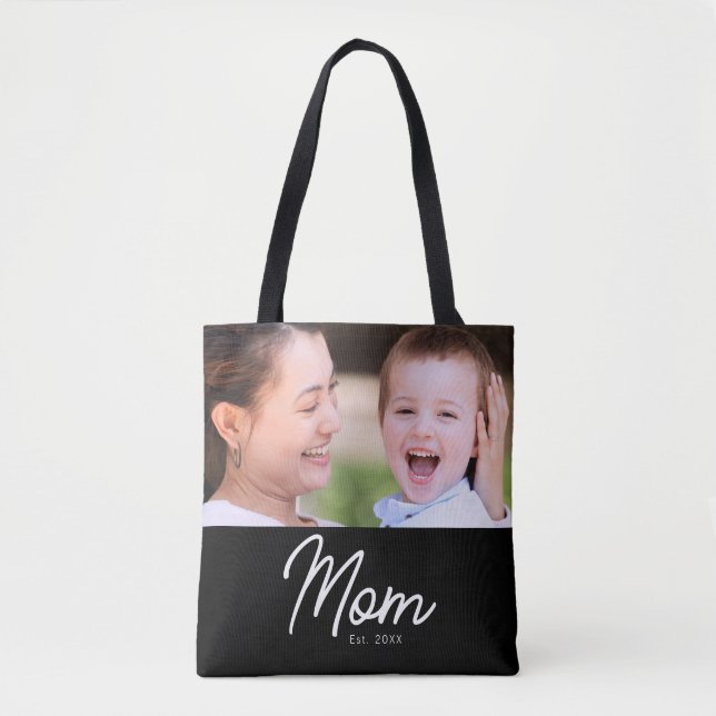 Bolsa Tote Mãe Estabelecida Foto Preto Script Minimalista Ele (Frente)