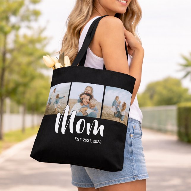 Bolsa Tote Mãe Estabelecida Roteiro Preto 3 Foto (Mom Established Script Photo Tote Bag)