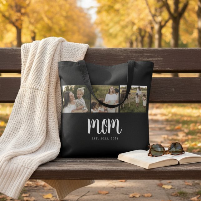 Bolsa Tote Mãe Estabelecida Roteiro Preto 3 Foto (elegant minimal 3 photo mom established tote bag with dates and space for 2, 3 or more children gift)