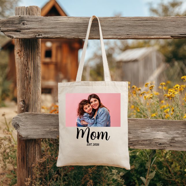 Bolsa Tote Mãe Estabelecida Script Preto Foto Dia das Mães Ma (Mom Established Script Black Photo Mothers Day Mum Tote Bag)