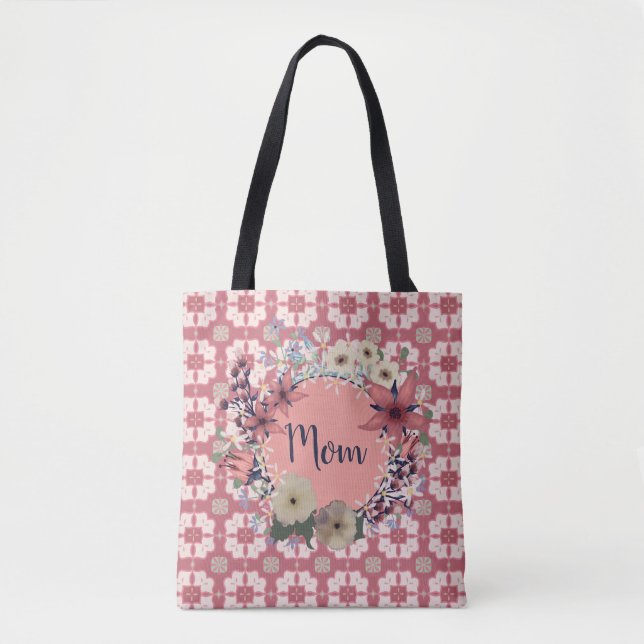 Bolsa Tote Mãe | Fina Floral Rosa | Monograma (Frente)