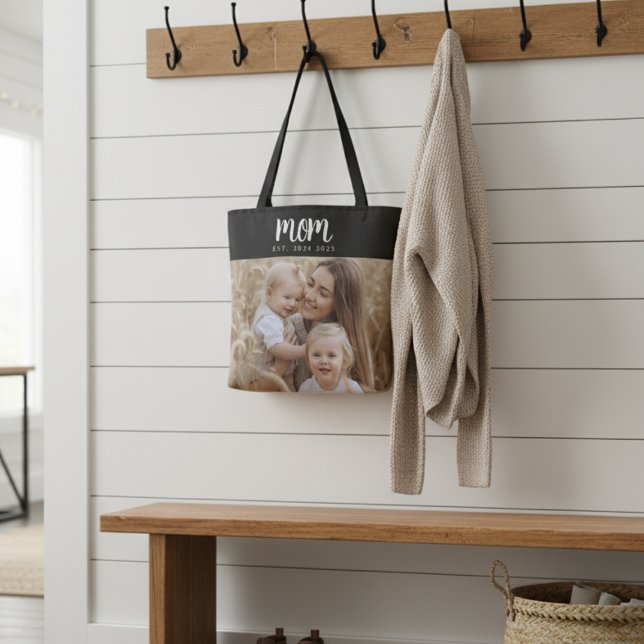 Bolsa Tote Mãe - Foto Preta De Script Estabelecida (simple black and white trendy new mom established dates photo tote bag for mother's day christmas)