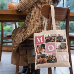 Bolsa Tote Mãe, Nós Te Amo | Bloco de cor de 6 fotos modernas<br><div class="desc">Personalize este saco de tote exclusivo com 6 fotos quadradas dispostas em um layout de colagem em grade. Com "Mãe" na diagonal de quadrados cor-de-rosa ombre e quadrado adicional na base para uma mensagem personalizada. Mantenha o "nós te amamos" como está ou mude para o seu afeto personalizado. Todas as...</div>