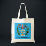 Bolsa Tote Magen Persa David Menorah<br><div class="desc">Esta imagem foi adaptada de um antigo azulejo judeu persa e apresenta uma menorah com um Magen David (Estrela de David) enquadrado por ramos de oliveira. As imperfeições da imagem original pintada à mão foram preservadas. Adicione seu próprio texto.</div>