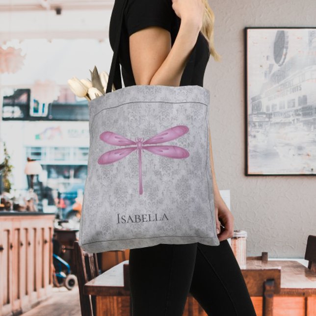 Bolsa Tote Magenta Dragonfly Damask (Magenta Dragonfly Damask Tote Bag)