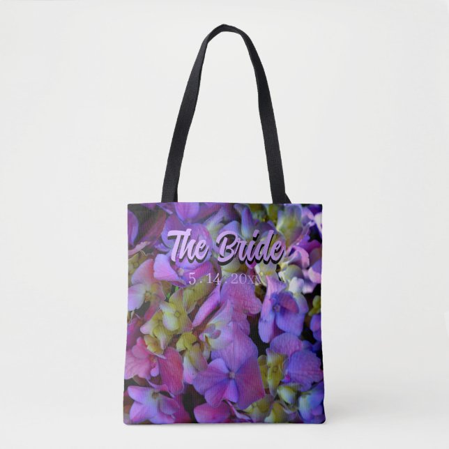 Bolsa Tote Magenta Púrpura, azul-amarelo, flor Hydrangeas Bri (Frente)