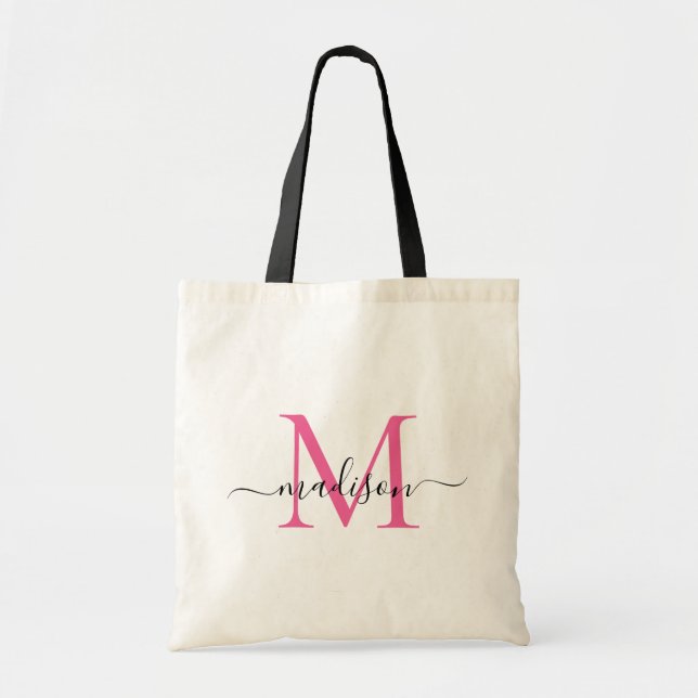 Bolsa Tote Magenta Rosa Branco Monograma Nome em Grafia Elega (Frente)