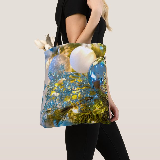 Bolsa Tote Magia de Natal Azul e Dourada (Close Up)