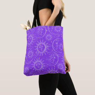 Bolsa Tote Magia Roxa Antiga Celestial Sol Lua Estrelas