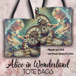 Bolsa Tote Magical Vintage Clocks Alice and White Rabbit