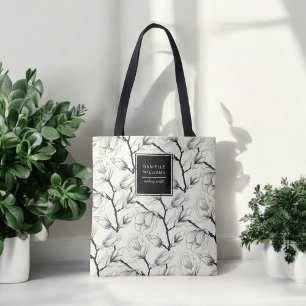Bolsa Tote Magnolia Botânica Elegante Preta e Esbranquiçada
