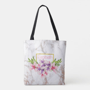 Bolsa Tote Magnolias de Aquarela, Textura de mármore falsa p
