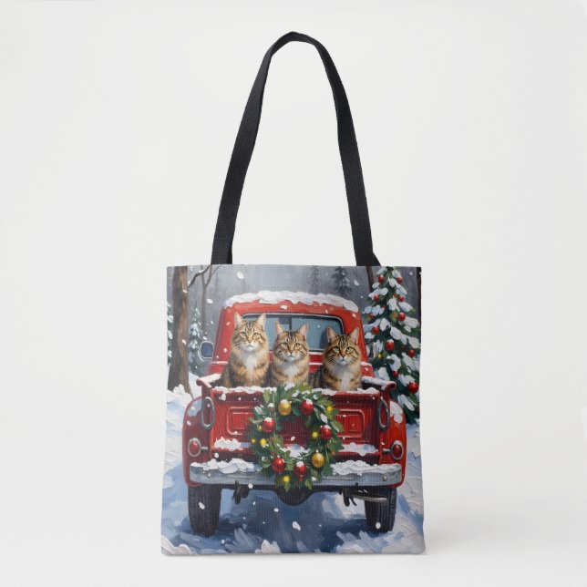 Bolsa Tote Maine Coon Natal Caminhão Vermelho Feriado (Frente)