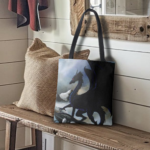 Bolsa Tote Majestosas Montanhas de Fantasia Negra do Dragão S