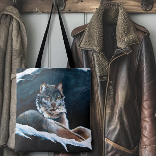 Bolsa Tote Majestoso Lince de Inverno Descansando na Montanha