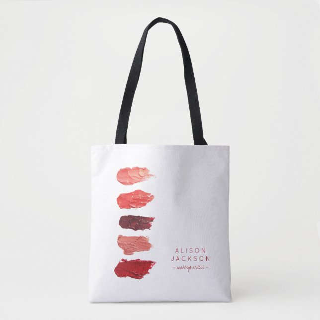 Bolsa Tote Makeup artist name lipstick color swatts (Frente)