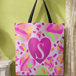 Bolsa Tote Mala de Escola Corações Rosa Monograma Moderna