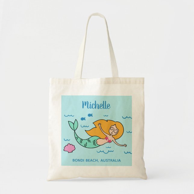 Bolsa Tote Malas de mão divertidas de sereia com nome e local (Frente)