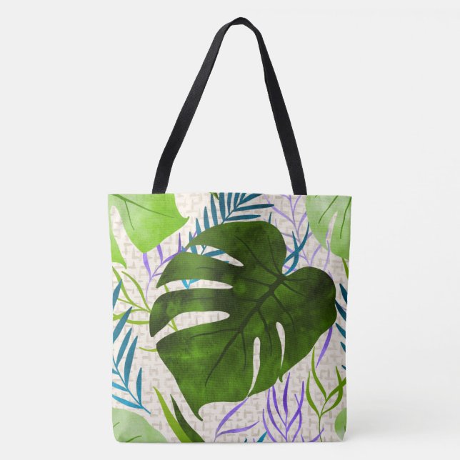 Bolsa Tote Maleah Monstera Tropical Havaiana - Verde-Aquarela (Frente)
