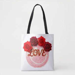 Bolsa Tote Malha Rosto Sorridente Rosa Vermelho Amor Floral T