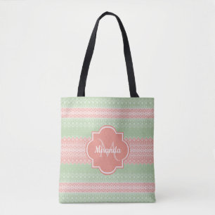 Bolsa Tote Malha Verde Claro Meninas com Listras Rosa Coral e