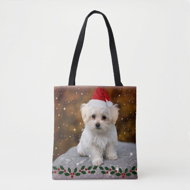 Bolsa Tote Maltês Puppy comemora o Natal (Frente)