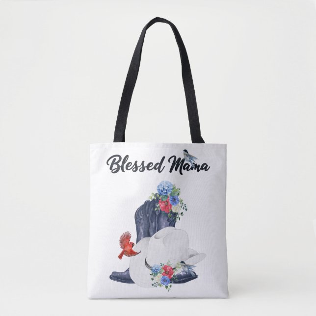 Bolsa Tote Mamãe Abençoada com Botas/Chapéu de Cowboy & Flore (Frente)