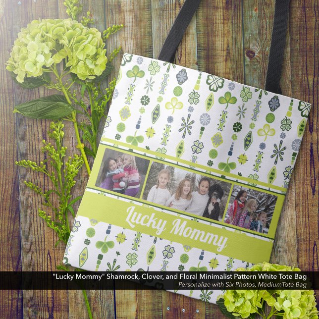 Bolsa Tote "Mamãe Sortuda" Shamrock Clover Pattern ("Lucky Mommy" Shamrock, Clover, and Floral Pattern Tote Bag - Personalize with Six Photos)