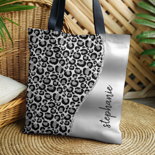 Bolsa Tote Manchas de Leopardo Glam Black Prata Metálico Nome