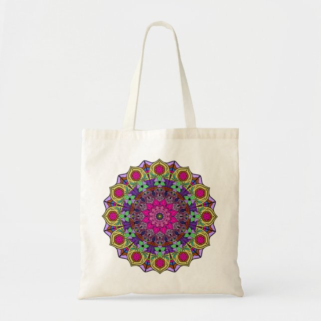 Bolsa Tote Mandala 12 Mostarda Flor Rosa - (Frente)