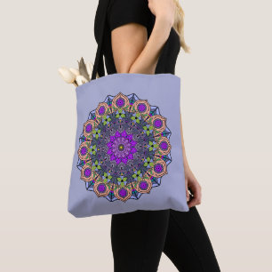 Bolsa Tote Mandala 12 violeta rosa verde-rosa sobre violeta -