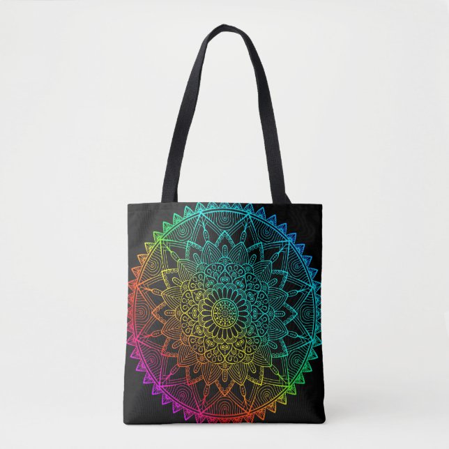 Bolsa Tote Mandala Arco-Íris Preto (Frente)