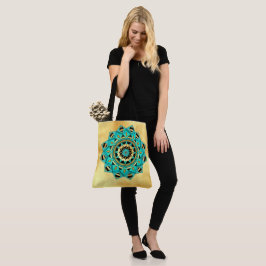 Bolsa Tote Mandala Azul Dourado Preto em Fundo Dourado Suave