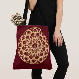 Bolsa Tote Mandala Bordeaux vermelho Dourado sobre Fundo Bord