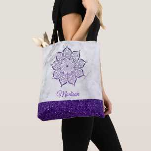 Bolsa Tote Mandala de Brilho Falso Roxo em Mármore Cinza e Br