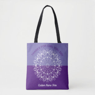 Bolsa Tote Mandala de coruja roxa e branca agradecimento ao p
