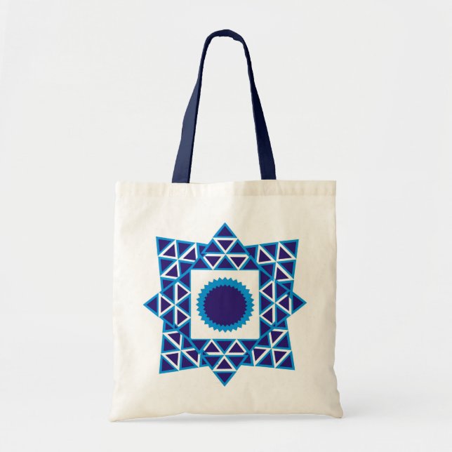 Bolsa Tote Mandalá de Estrela Triangular Geométrica Azul Bran (Frente)