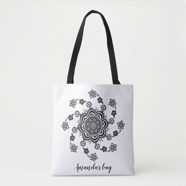 Bolsa Tote Mandala de flores em espiral moderna personalizada (Frente)