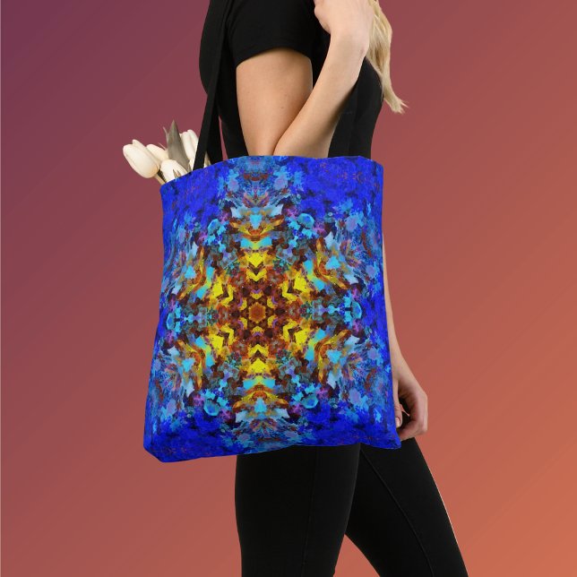 Bolsa Tote Mandala digital amarelo e azul (Criador carregado)