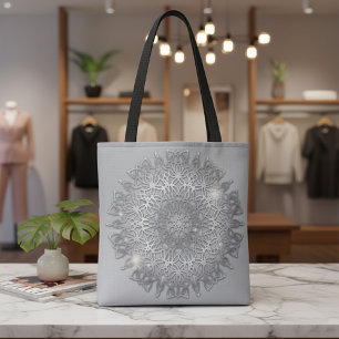 Bolsa Tote Mandala Metálico Silver de Luxo Brilhante